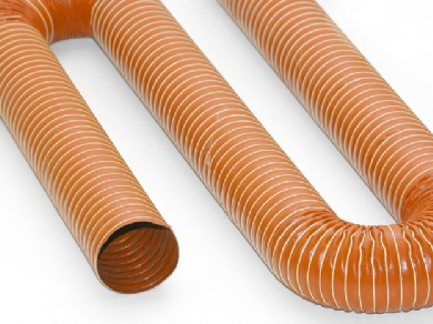 Click to enlarge - Lightweight ducting hose constructed from a wire helix and covered with a single layer of silicone coated glass fabric. Reinforced with a
single fibre glass retention cord.